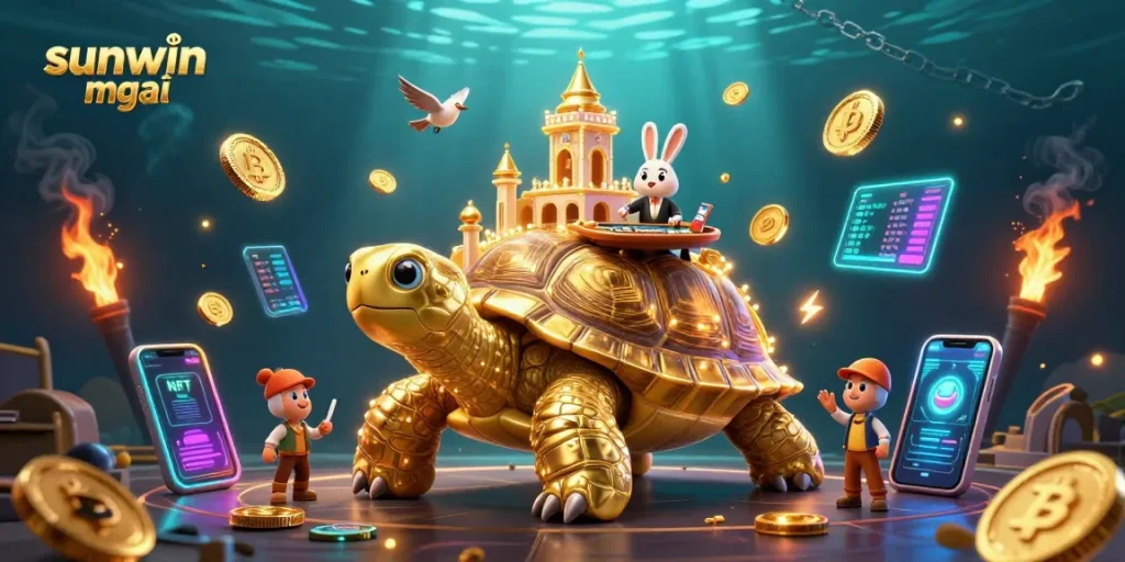 Win big with sunwin mới at an exciting casino scene showcasing vibrant gaming elements and a rabbit dealer.