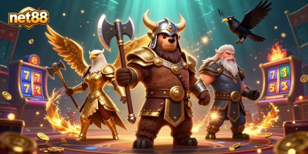 Experience net88 excitement with a vibrant 3D casino scene featuring a Viking bear and Valkyrie eagle.