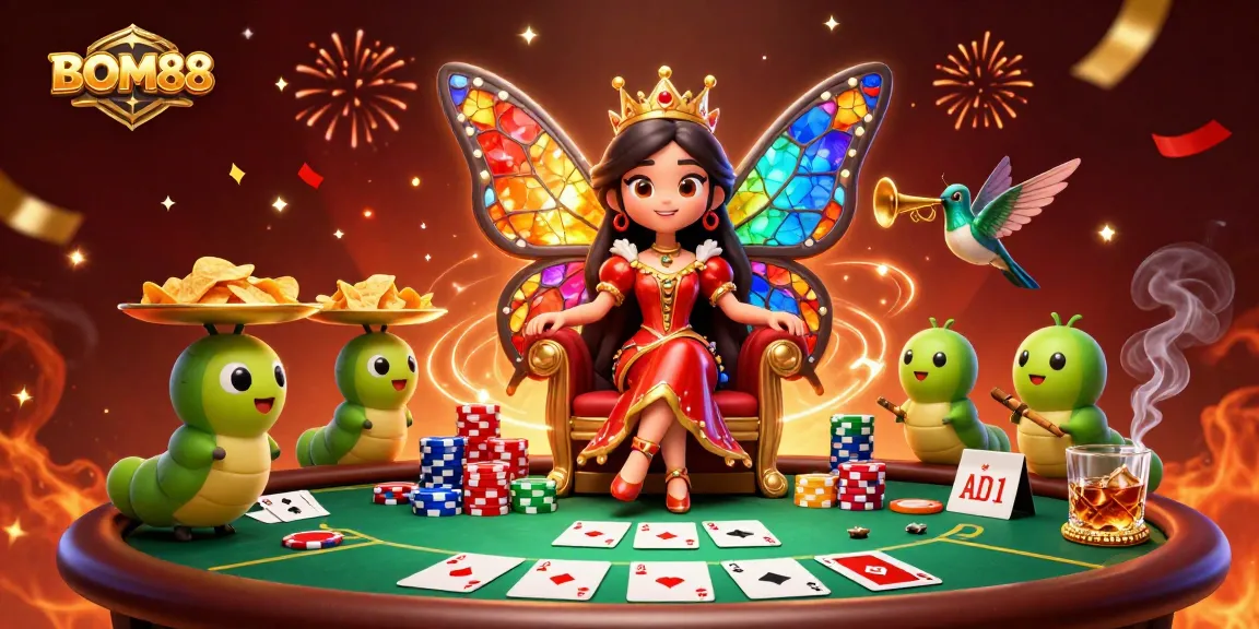 BOM88 casino experience with colorful butterfly queen and poker elements in a vibrant 3D illustration.