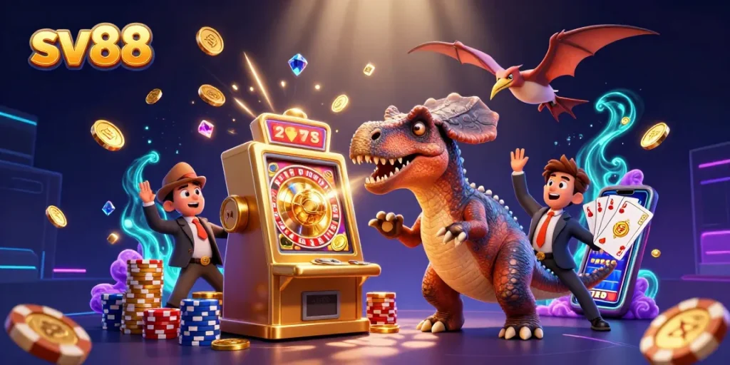 sv88 players joyfully enjoying a vibrant casino scene with vibrant golden coins and a golden slot machine jackpot