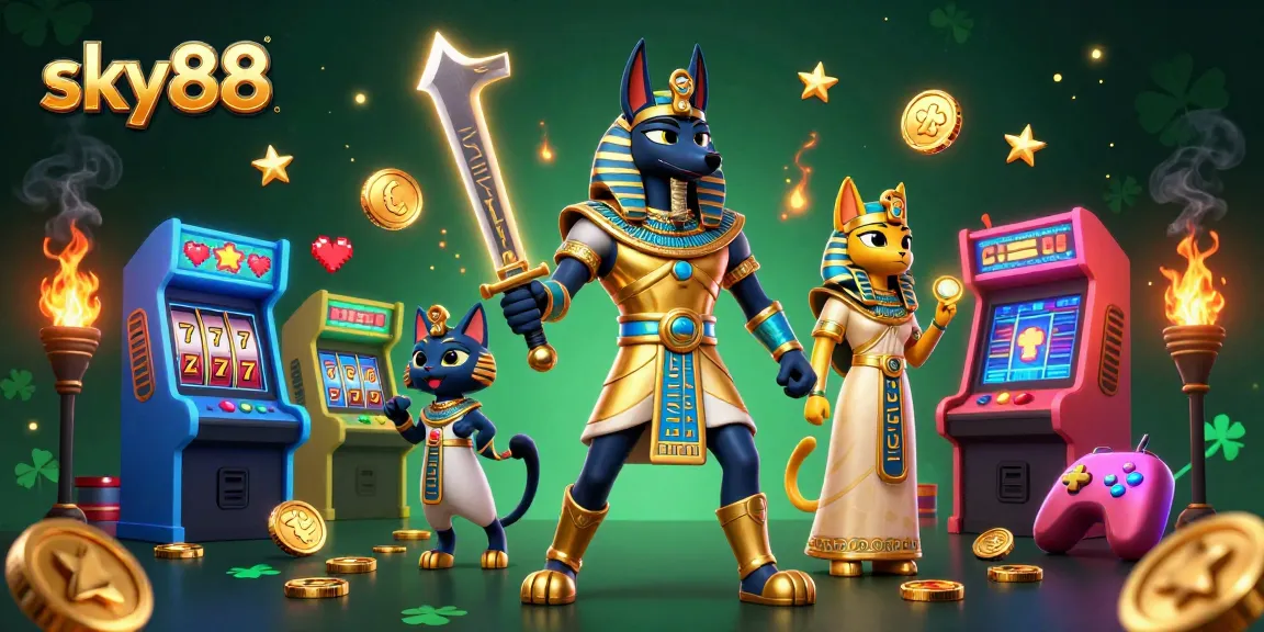 Engage in winning gameplay at sky88 with Anubis and Bastet surrounded by slot machines and vibrant gaming elements.
