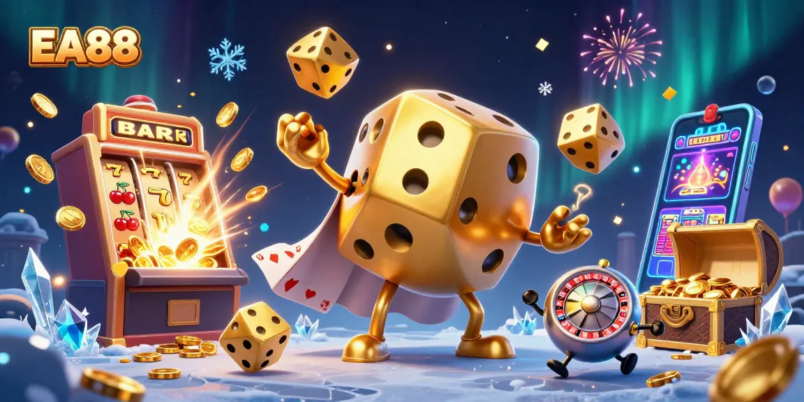 Experience the excitement of EA88 casino games with golden dice and vibrant slot elements.