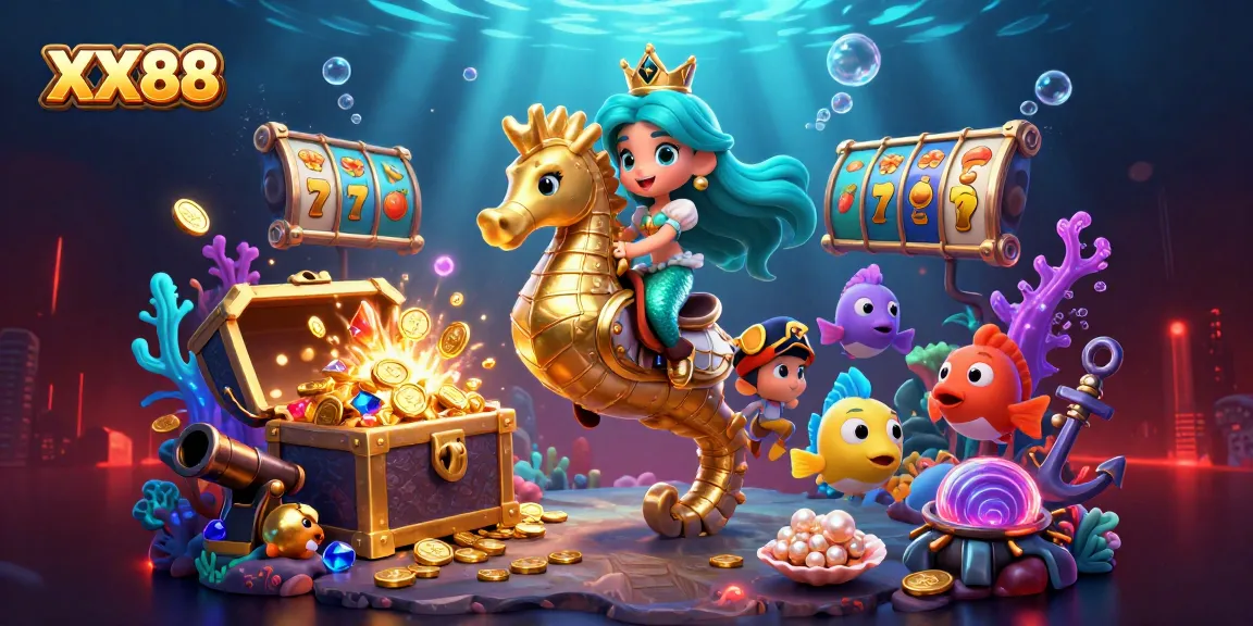 Experience immersive gaming at XX88 with a thrilling underwater treasure hunt featuring colorful characters and dynamic casino motifs.