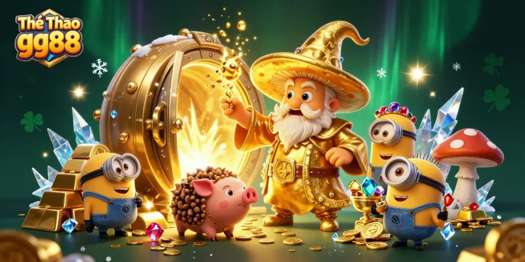 Engage with Thể Thao gg88 as the golden wizard and truffle pig discover treasures in a vibrant casino scene.