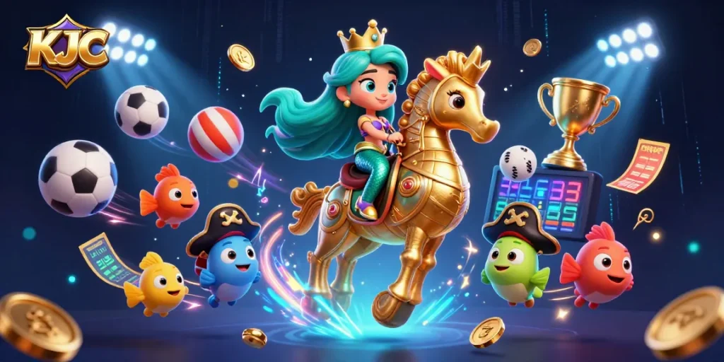 KJC engages players with a lively scene featuring a mermaid princess and sports elements.
