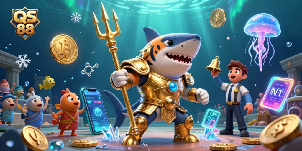 Engage with the vibrant underwater scene featuring QS 88, showcasing thrilling casino-themed elements and captivating characters.