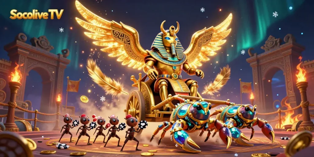 Socolive TV showcases a dynamic illustration of a golden scarab beetle and jewel-encrusted scorpions amidst swirling betting tokens.