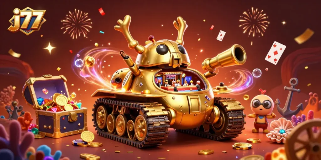Engage with vibrant j77 gaming action showcasing a golden beetle tank casino and festive elements.