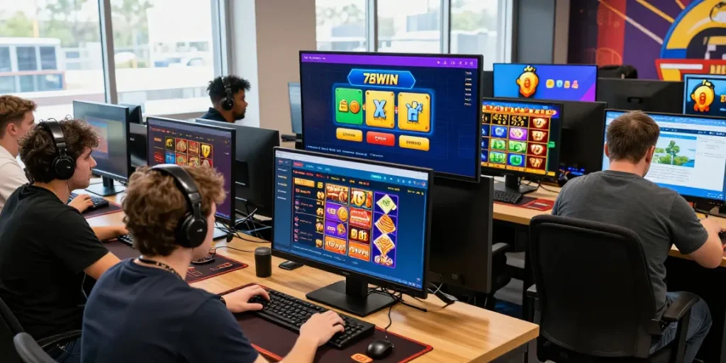 Engaging scene of players enjoying 78win's online gaming platform with colorful visuals and security features.