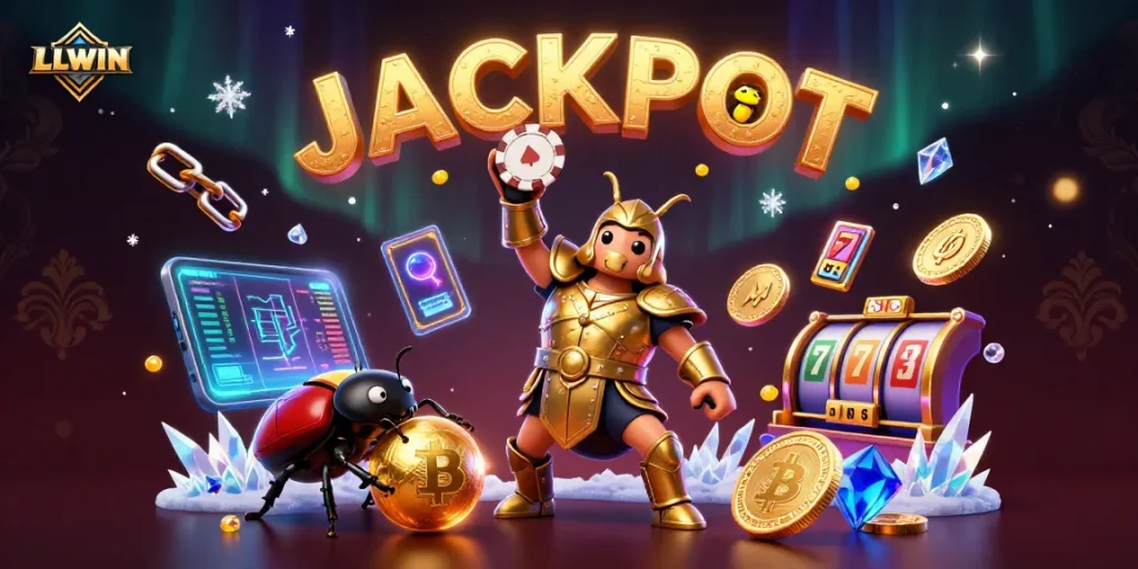 LLWIN players celebrate jackpot wins in vibrant casino-themed illustration with 3D beetles and glowing coins.