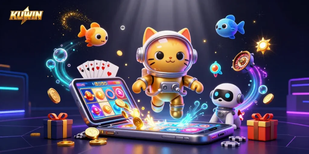 Engage in thrilling gaming adventures with KUWIN's animated casino universe, featuring a cosmic cat and dynamic elements.