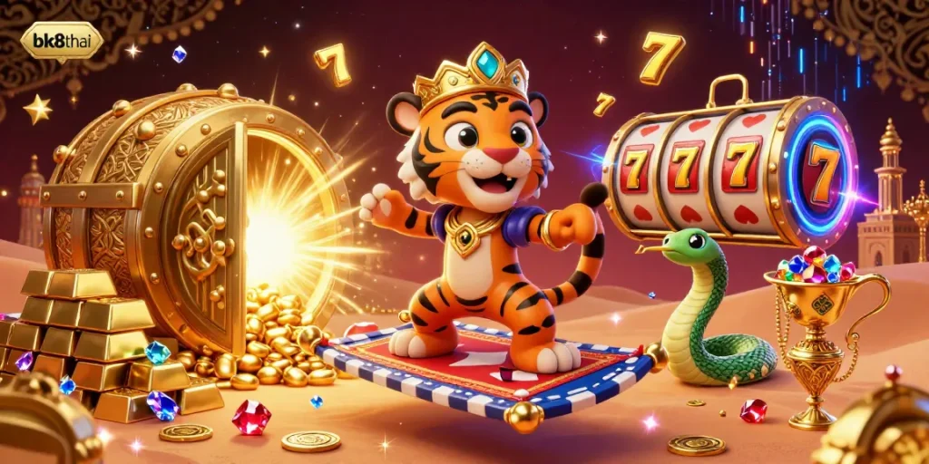 Spin the slot reels with bk8thai's vibrant animated scene featuring a tiger sultan and treasures.