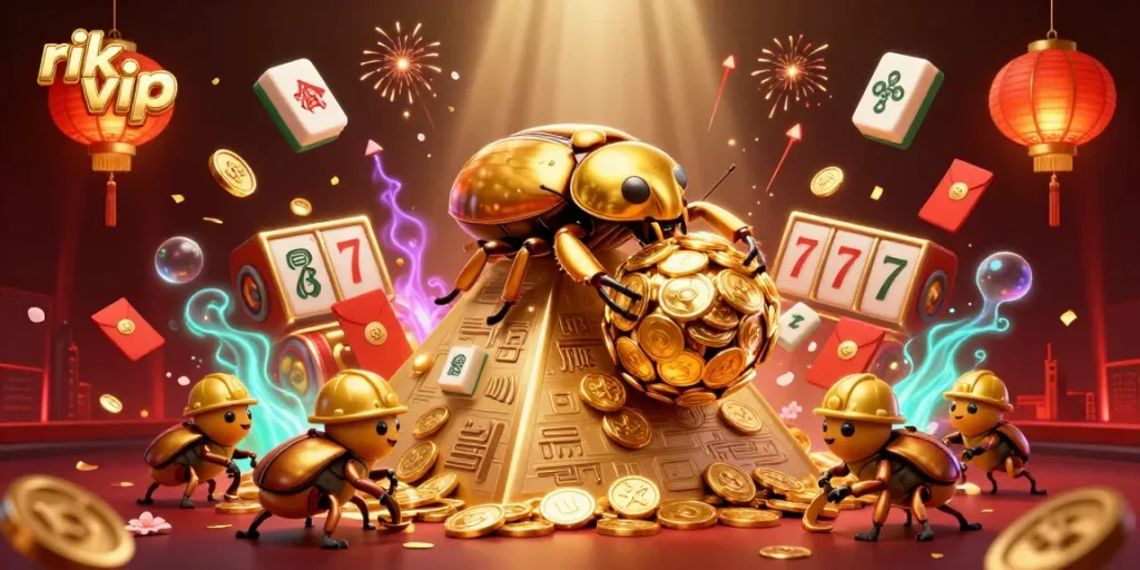 Play through the vibrant scene of rik vip featuring golden beetles and rich casino elements.