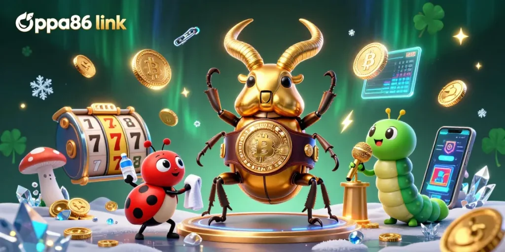 Win big with oppa86 link showcasing a 3D cartoon scene of dynamic gaming characters and elements.
