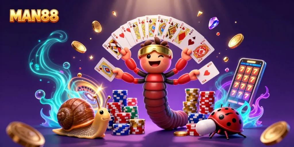 Experience thrilling gaming action with MAN88's vibrant casino illustration featuring exciting characters and games.