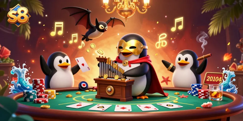 Play s8 with excitement as the penguin plays music and coins fly around a vibrant casino setting.