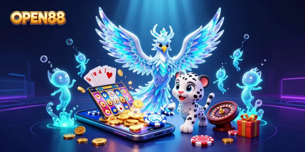 Experience the excitement of OPEN88 with a dazzling 3D representation of online casino games and characters.