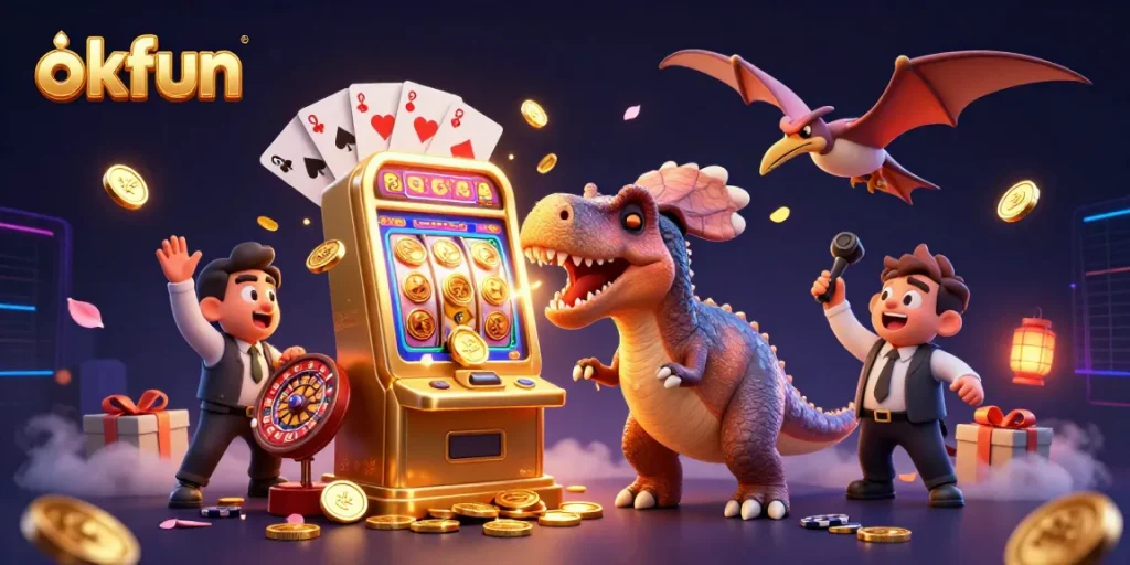 Experience exhilarating gameplay at okfun with a dino-themed slot machine jackpot scene.