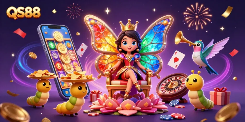Experience the excitement of QS88 with vibrant games and rewards in a lively casino scene.