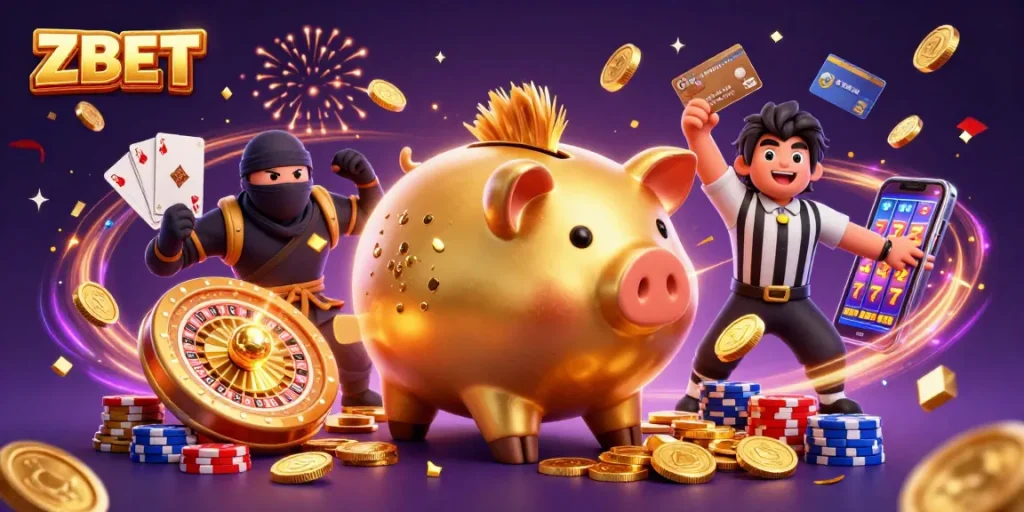 ZBET showcases exciting action with golden coins pouring from a whimsical sumo wrestler in a vibrant casino scene.