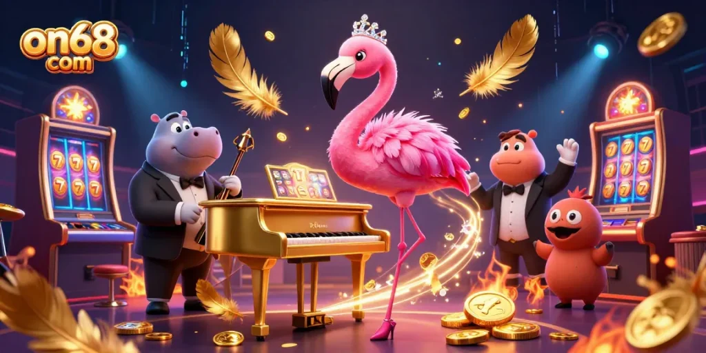 Engage in thrilling games at on68 com with a dynamic casino scene featuring vibrant 3D characters.