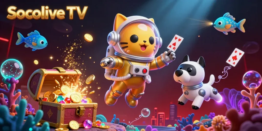 Socolive TV offers thrilling sports betting action with vibrant characters in a dynamic 3D illustration.