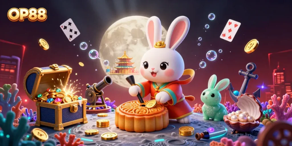 Experience the thrill of OP88 as the moon rabbit reveals poker chips in this vibrant casino-themed illustration.