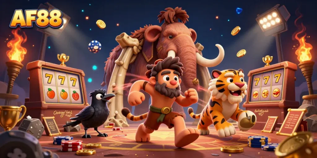 Join AF88's exciting prehistoric casino adventure with a caveman and sabertooth tiger duo.
