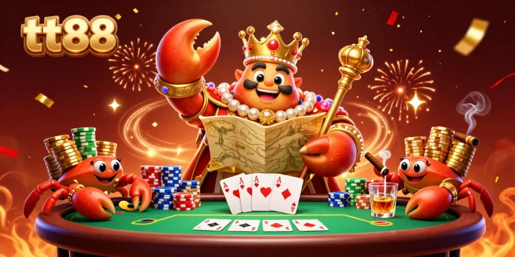 Experience exciting gameplay with tt88 as the golden crab emperor oversees poker riches amidst festive casino elements.