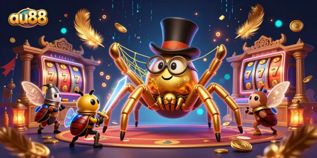 Engage with au88's vibrant casino experience featuring a bold golden tarantula and high-stakes action.