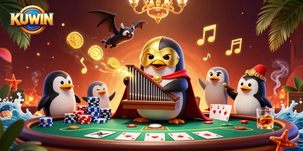 Experience KUWIN with a vibrant 3D illustration of a poker scene filled with whimsical characters.