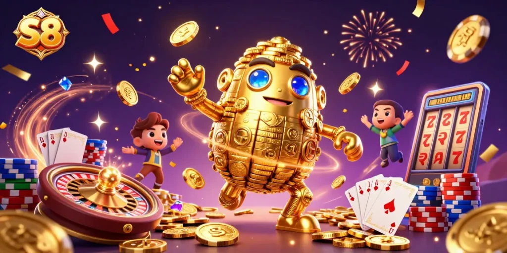 Experience excitement with S8's animated golden golem surrounded by cascading coins and gaming elements.
