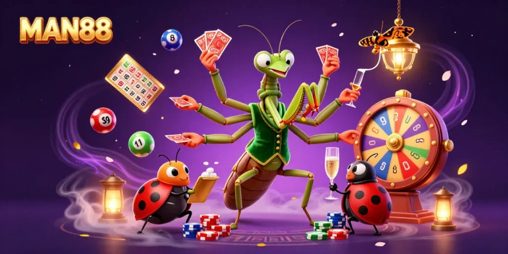 MAN88 showcases a dynamic online casino scene with characters engaging in gambling activities amidst colorful lottery elements.