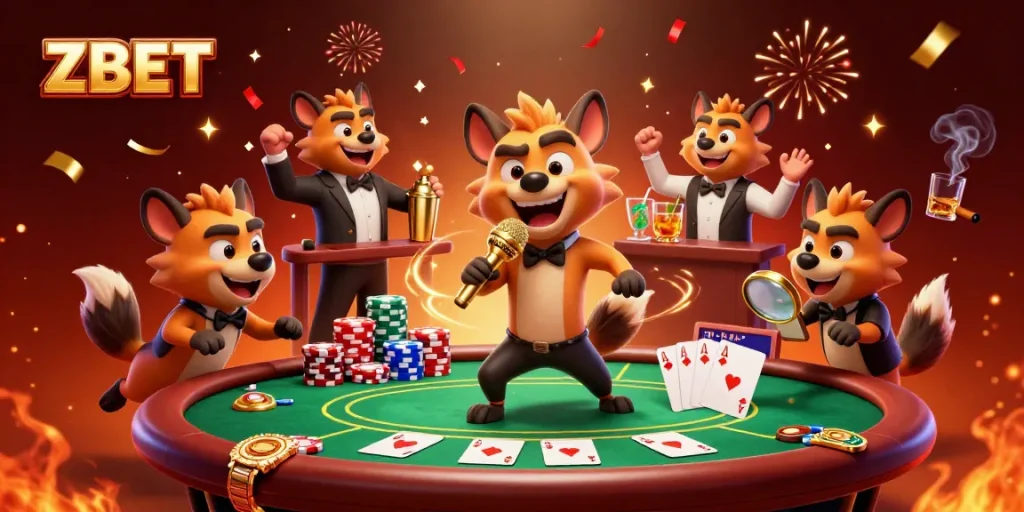 ZBET brings laughter and excitement with a lively comedy casino scene featuring hyenas and vibrant poker elements.