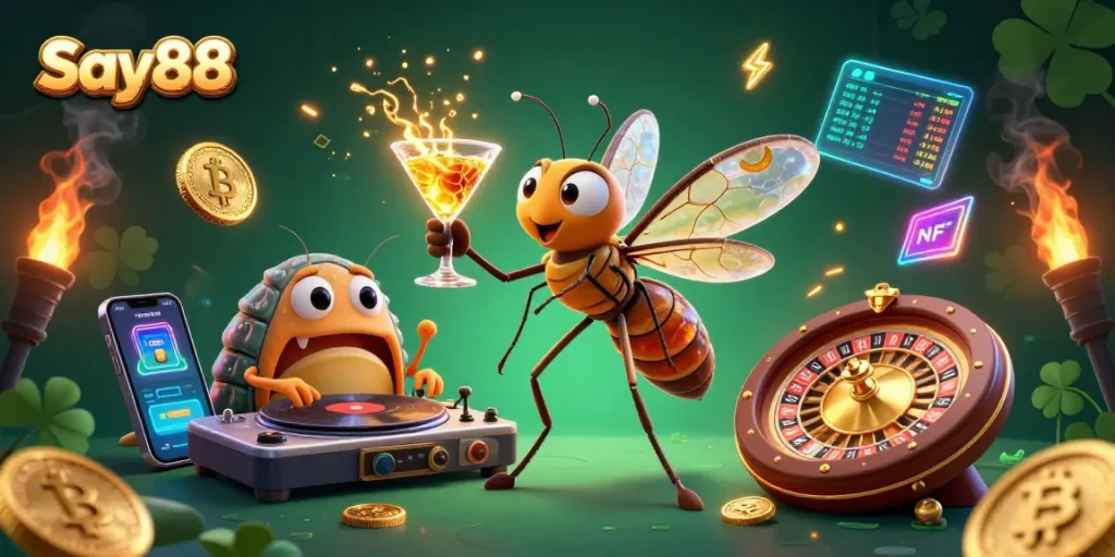 Experience the excitement of Say88 with a vibrant 3D casino scene showcasing unique characters and gambling elements.