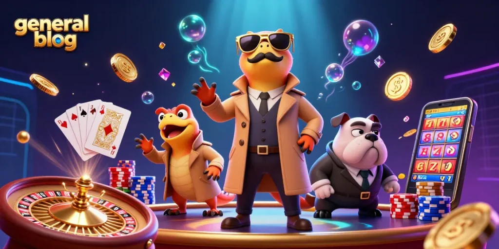 Cute raptors in trench coats enter a VIP area in this vibrant general blog illustration packed with casino elements.