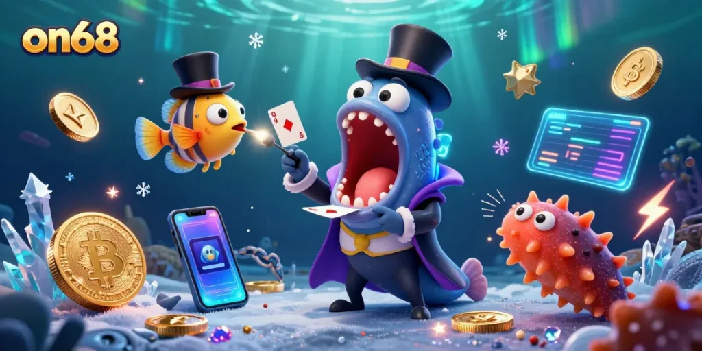 Experience thrilling games at on68 where a deep-sea eel performs stunning tricks among vibrant cryptocurrencies.