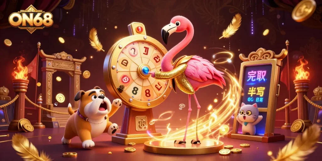 Experience the excitement with ON68 as the flamingo host spins the prize wheel amidst golden casino elements.