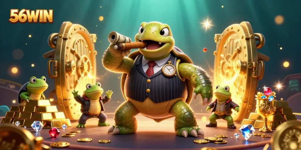 Experience the thrilling world of 56WIN as a snapping turtle mobster and bullfrog enforcers light up the casino scene.