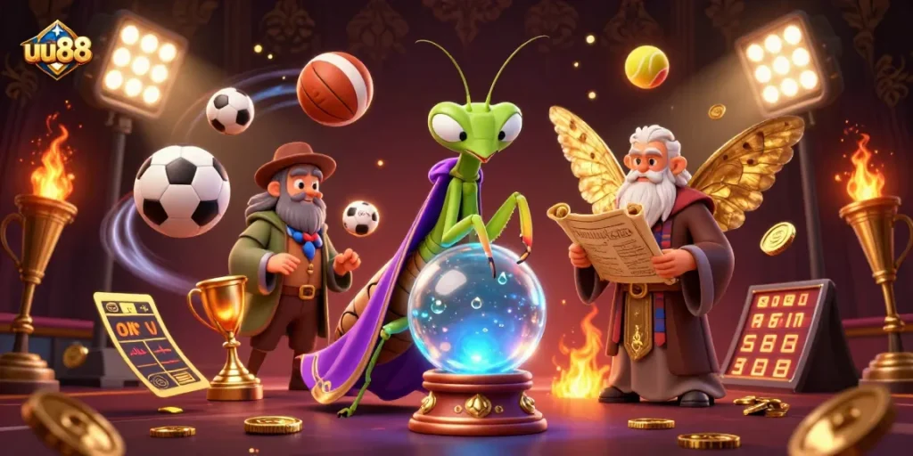 uu88 gamblers engaging in a vibrant casino scene featuring sports betting excitement and magical elements