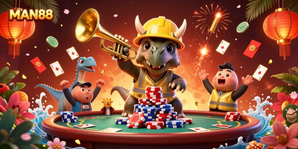 Experience excitement at MAN88 with a lively casino scene filled with poker chips and celebrations.