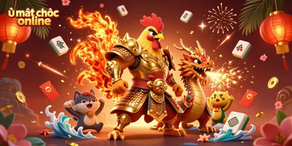 Experience the thrill of ù mạt chược online with a powerful warrior and a dragon in a vibrant casino scene.