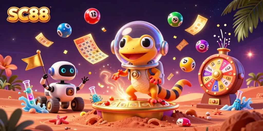 Play SC88 lottery games with vibrant colorful balls and dynamic casino elements in a rich, entertaining scene.
