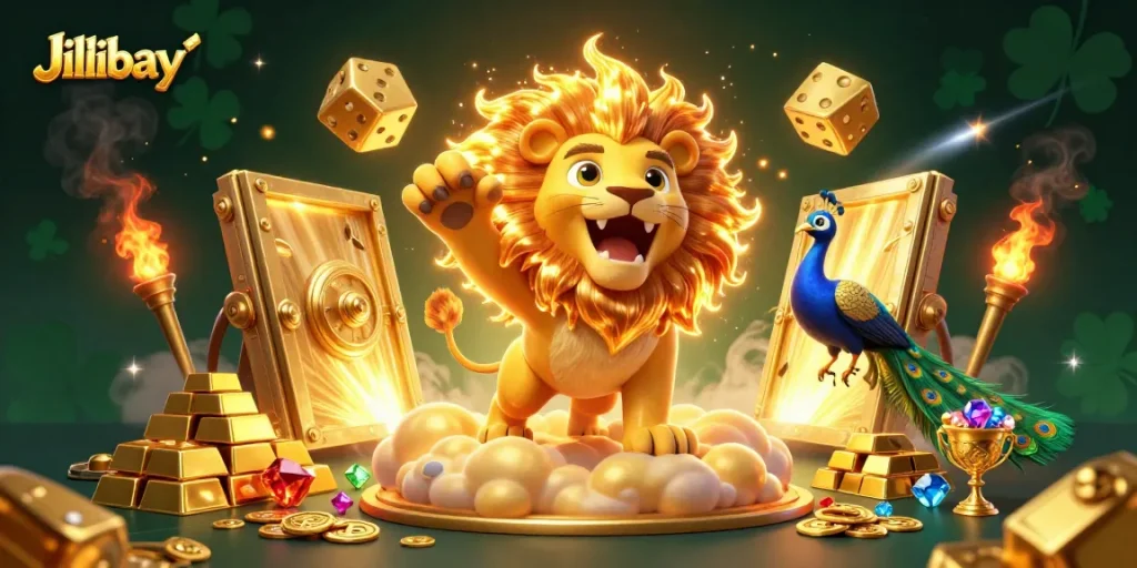 Experience thrilling wins at Jilibay with the majestic sun lion amidst golden treasures and gaming action.