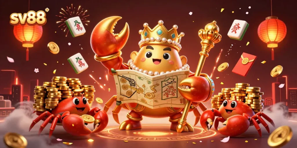 Join the excitement of sv88 casino with the golden crab emperor and treasure-filled characters!