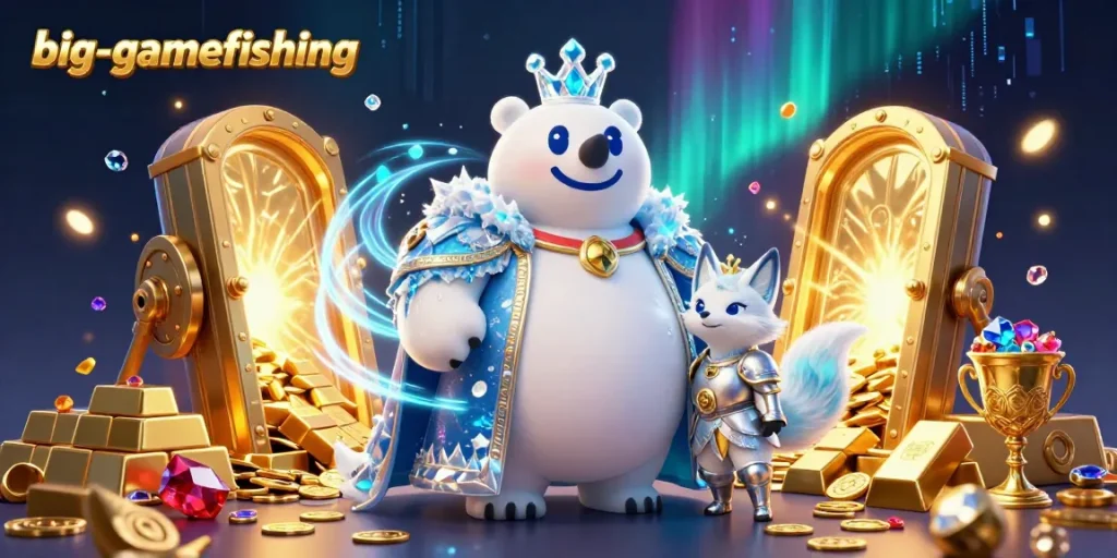 Engage in big-gamefishing with a vibrant scene showcasing treasure and royal characters.