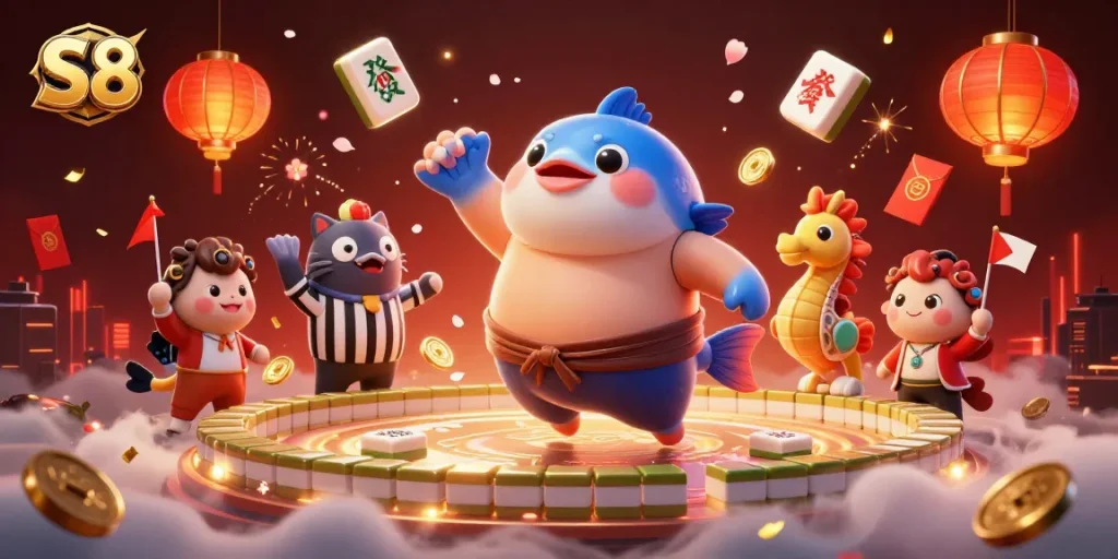S8 offers dynamic bets in an exciting scene with a fugu, catfish referee, and seahorse fans at an underwater arena.