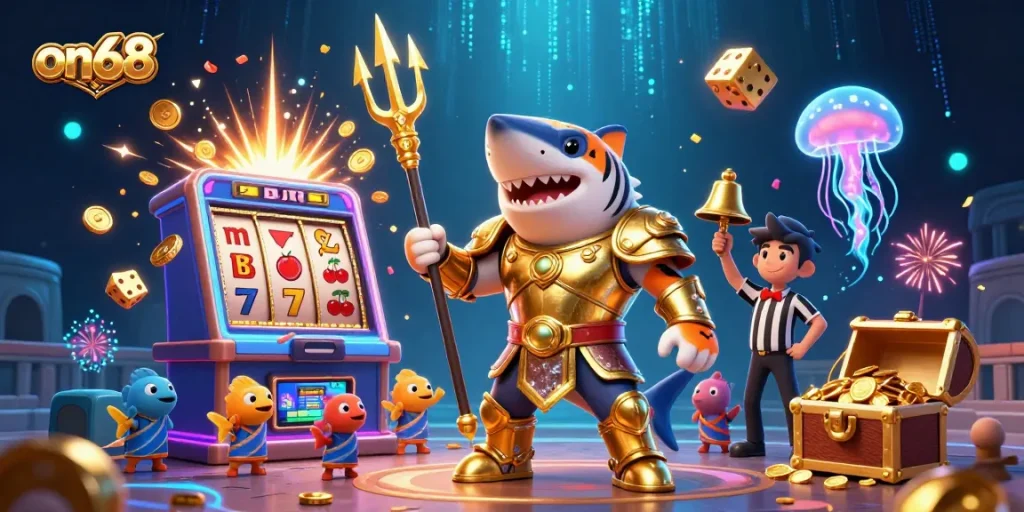 Engage with on68's thrilling casino games illustrated by a tiger shark in gladiator armor winning big.