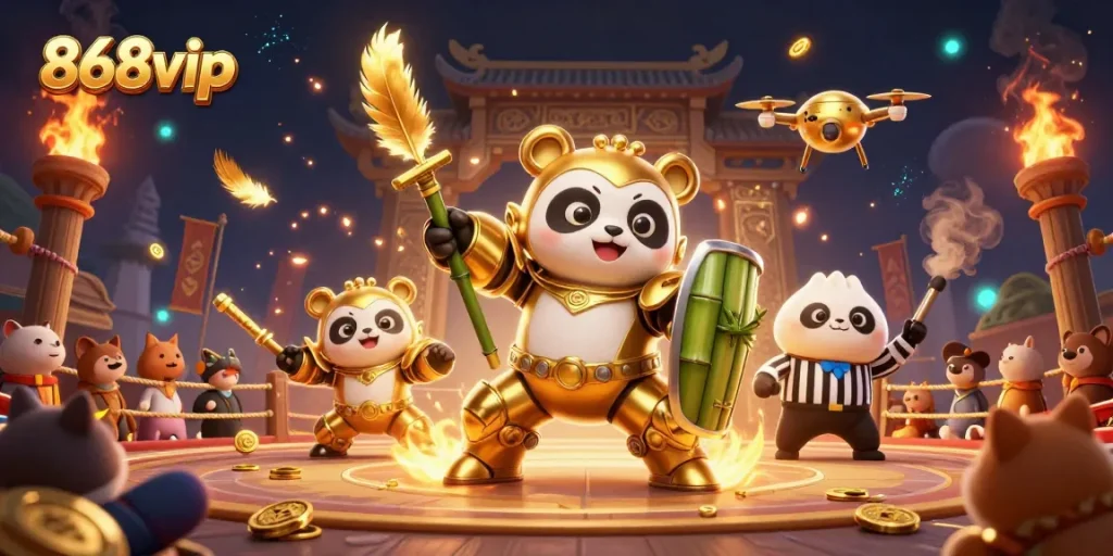 Engage with thrilling action at 868vip casino featuring a golden panda and a dynamic gaming arena.