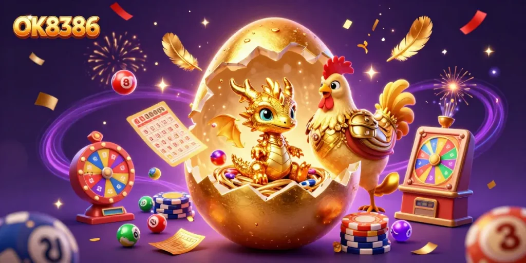Engage with OK8386's vibrant casino world featuring a golden dragon and dynamic gaming elements.